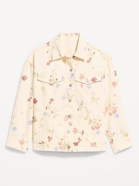 Old navy Floral Print Cream Trucker denim Jacket size small tall oversized